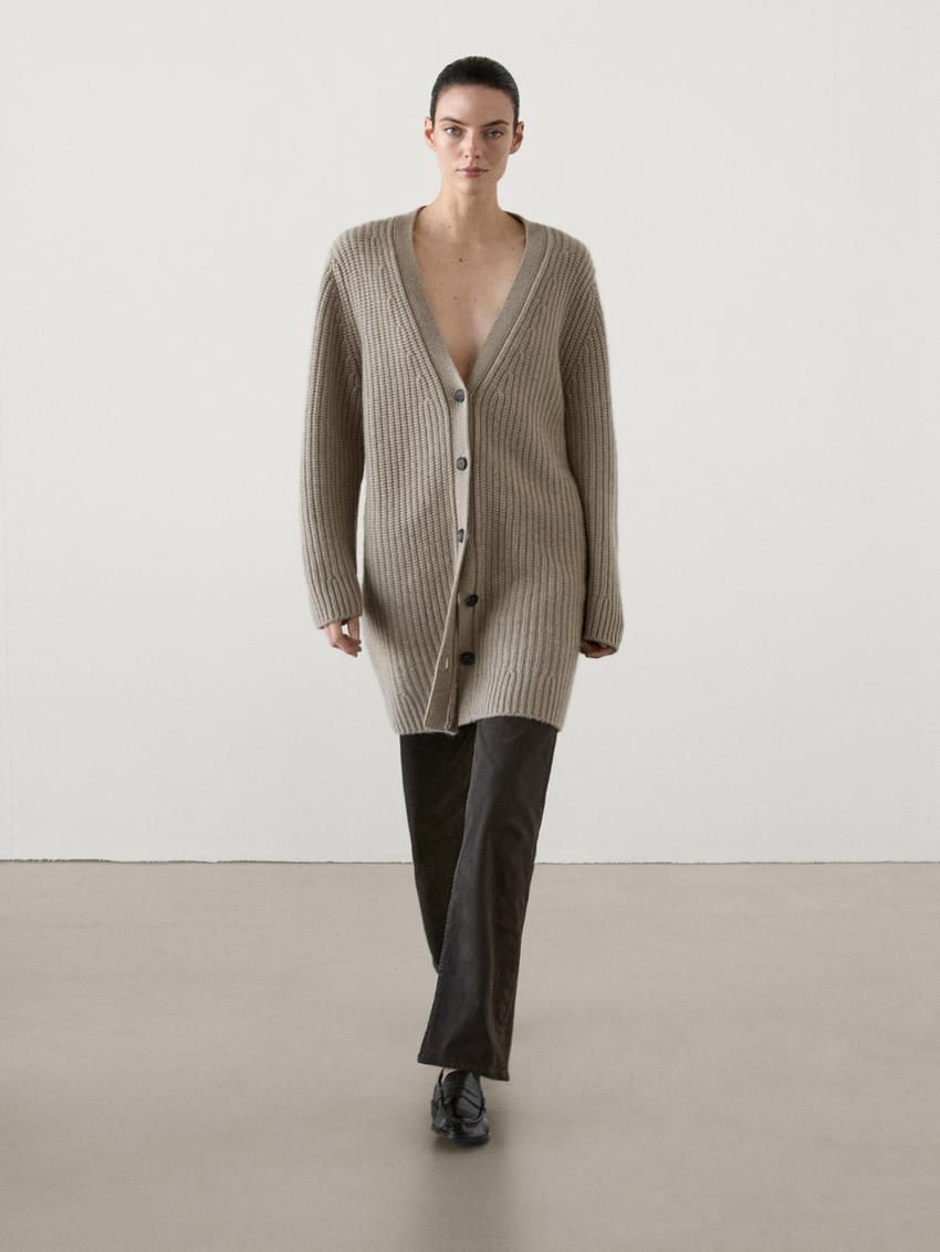 Massimo Dutti Cashmere Long Purl Knit Women Cardigan Light Khaki | US-HA9378240