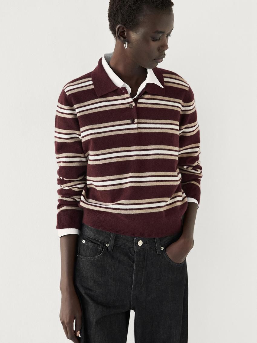 Massimo Dutti Cashmere Striped Knit Polo Women Sweater Burgundy | US-TN2015948