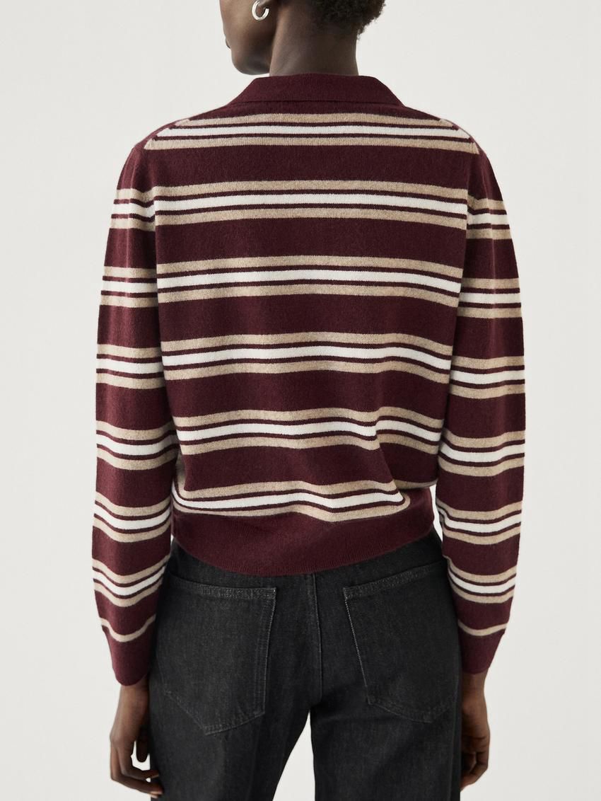 Massimo Dutti Cashmere Striped Knit Polo Women Sweater Burgundy | US-TN2015948