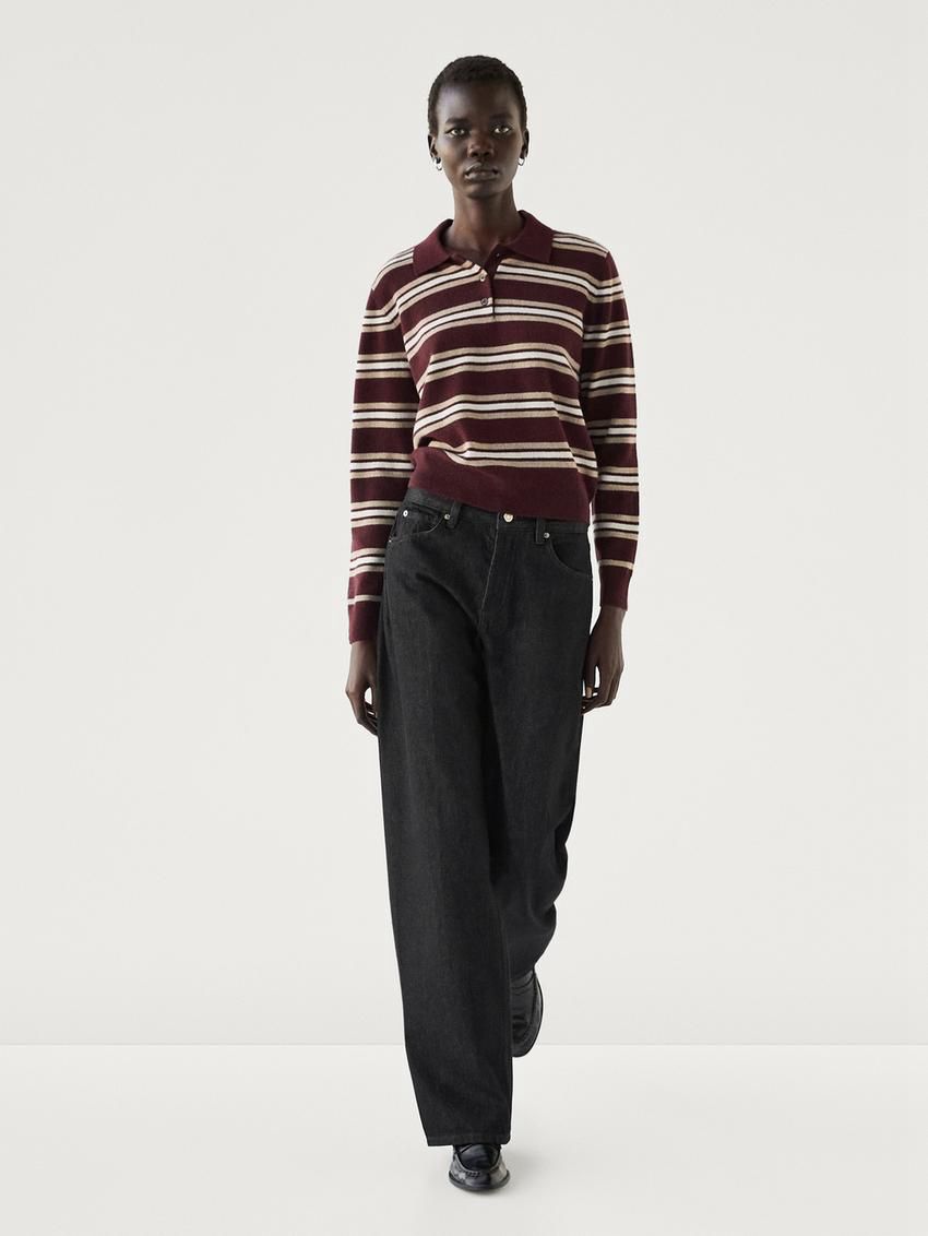 Massimo Dutti Cashmere Striped Knit Polo Women Sweater Burgundy | US-TN2015948