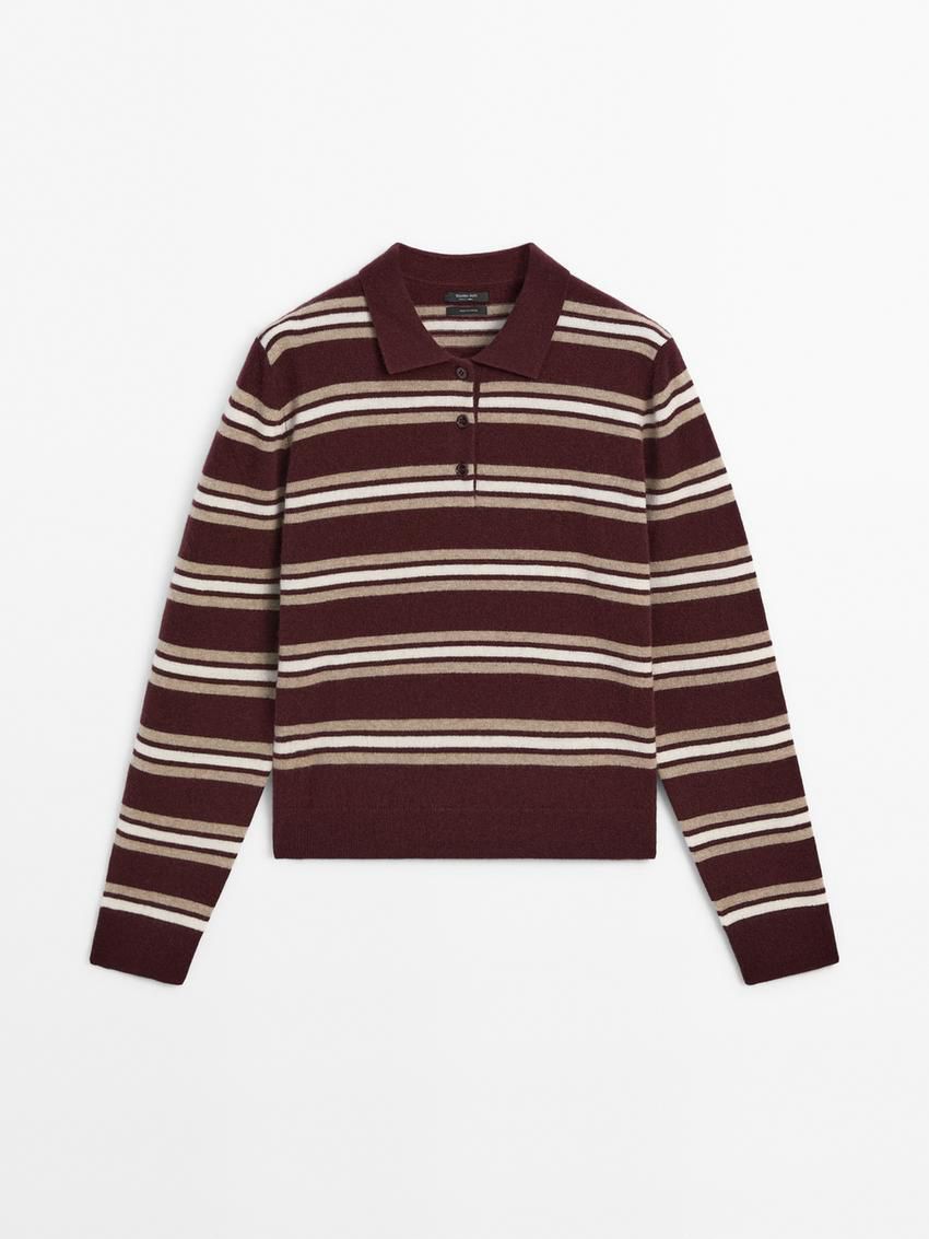 Massimo Dutti Cashmere Striped Knit Polo Women Sweater Burgundy | US-TN2015948