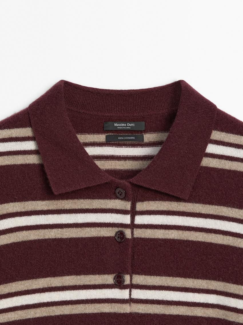 Massimo Dutti Cashmere Striped Knit Polo Women Sweater Burgundy | US-TN2015948