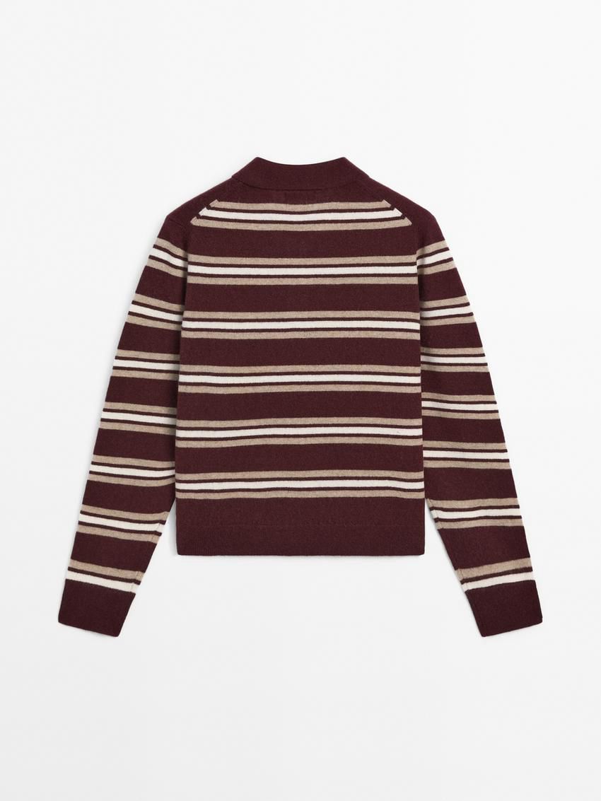 Massimo Dutti Cashmere Striped Knit Polo Women Sweater Burgundy | US-TN2015948