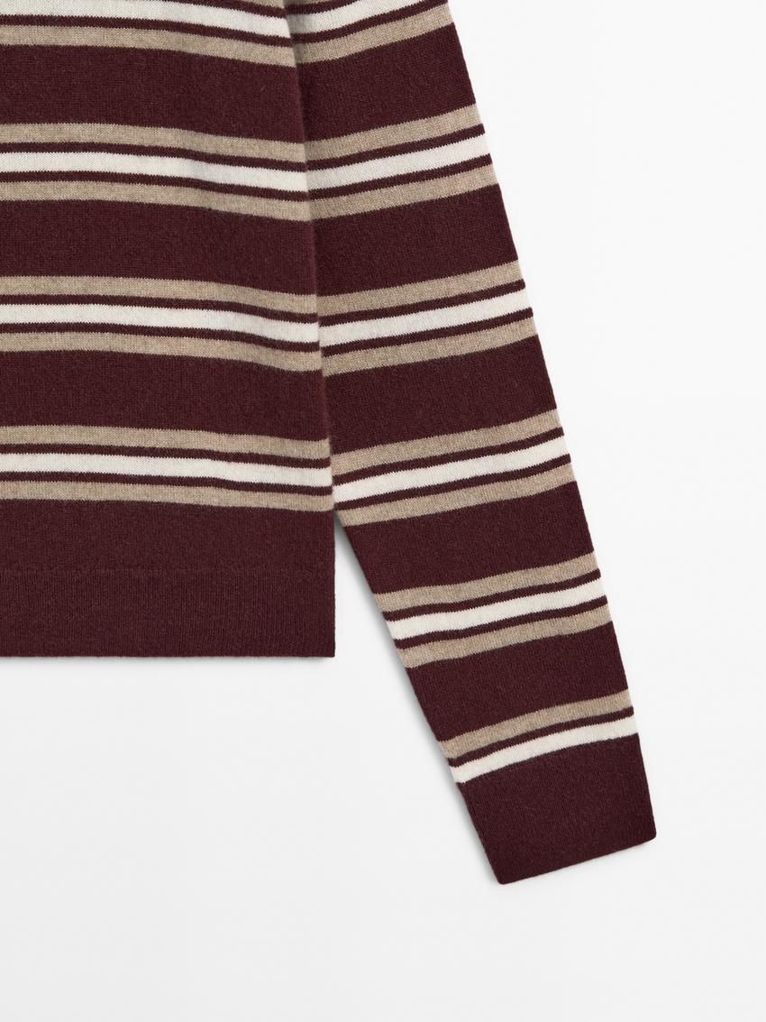 Massimo Dutti Cashmere Striped Knit Polo Women Sweater Burgundy | US-TN2015948