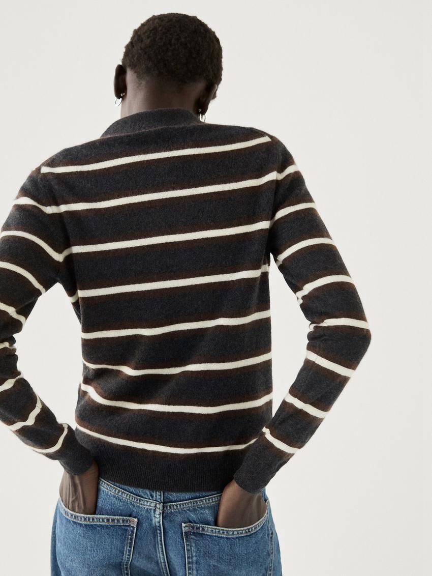 Massimo Dutti Cashmere Striped Knit Polo Women Sweater Black | US-OS2954718