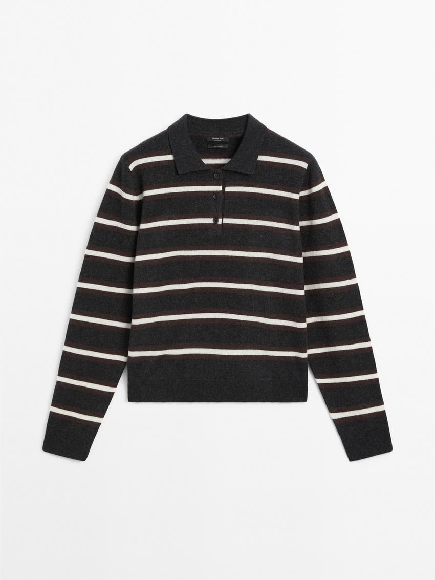 Massimo Dutti Cashmere Striped Knit Polo Women Sweater Black | US-OS2954718
