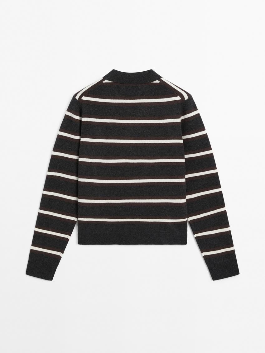 Massimo Dutti Cashmere Striped Knit Polo Women Sweater Black | US-OS2954718