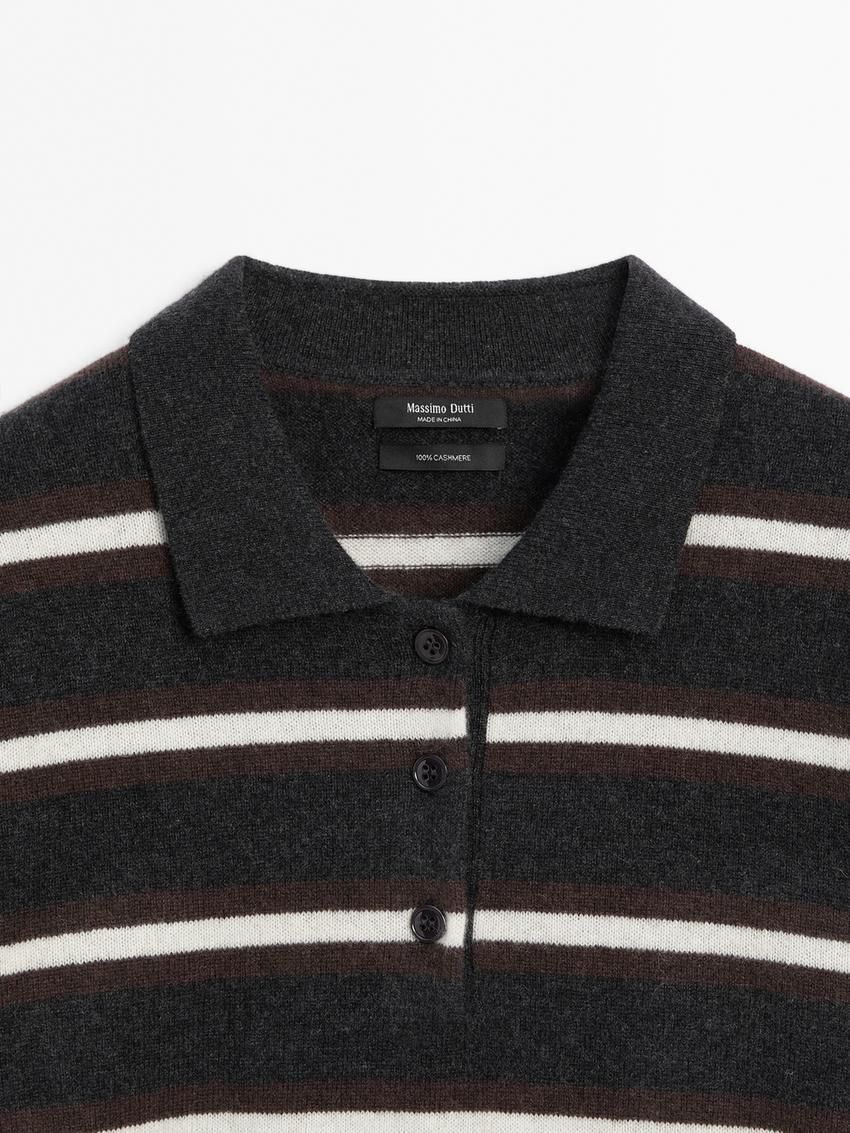 Massimo Dutti Cashmere Striped Knit Polo Women Sweater Black | US-OS2954718