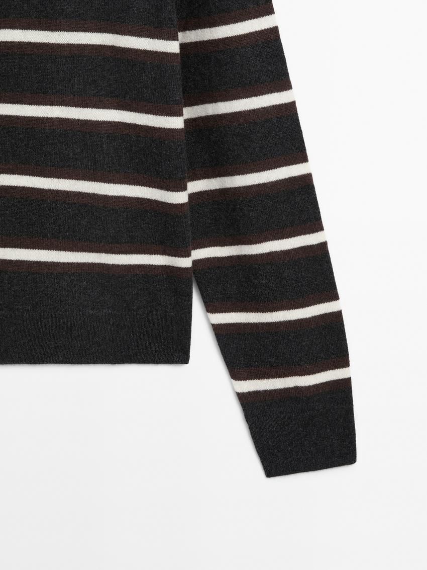 Massimo Dutti Cashmere Striped Knit Polo Women Sweater Black | US-OS2954718