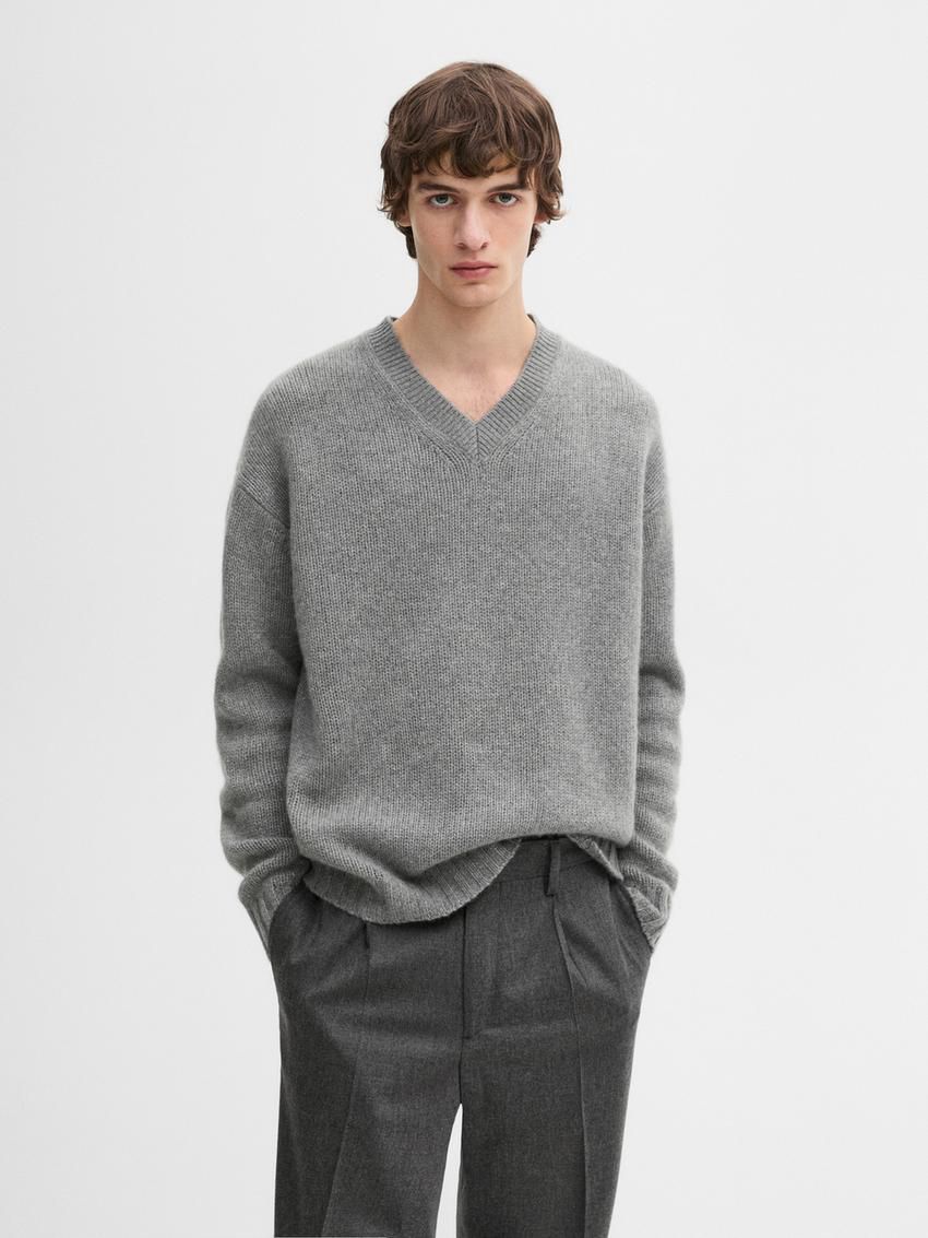 Massimo Dutti Cashmere V-neck Knit Men Sweater Grey | US-WP3642915