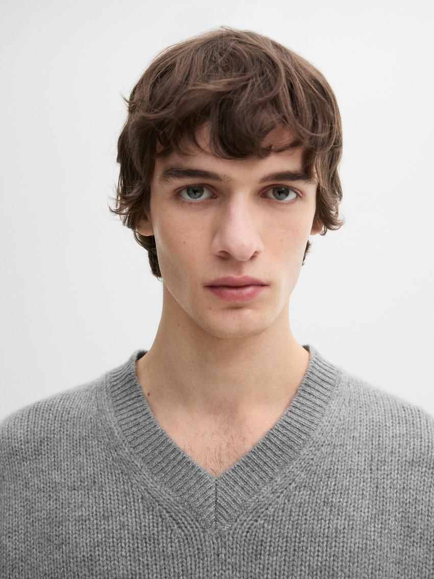 Massimo Dutti Cashmere V-neck Knit Men Sweater Grey | US-WP3642915