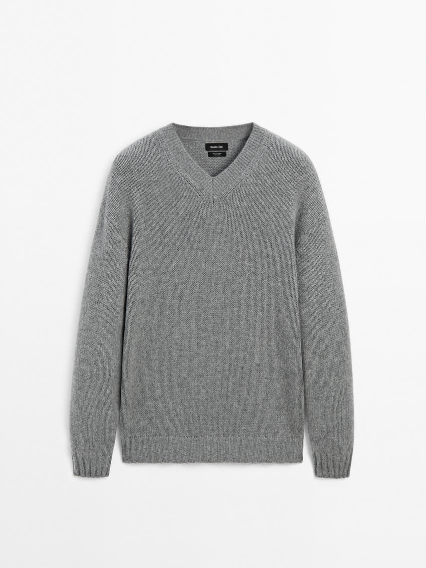 Massimo Dutti Cashmere V-neck Knit Men Sweater Grey | US-WP3642915