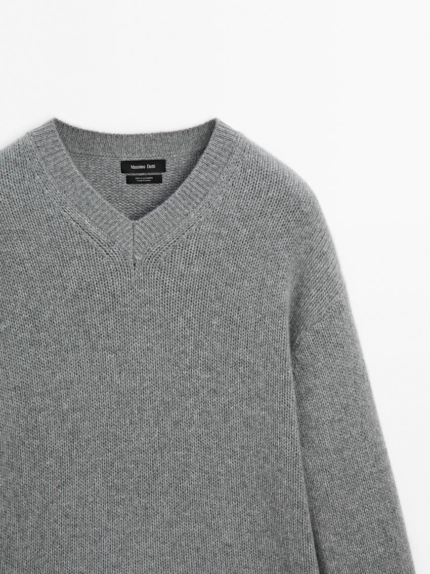 Massimo Dutti Cashmere V-neck Knit Men Sweater Grey | US-WP3642915