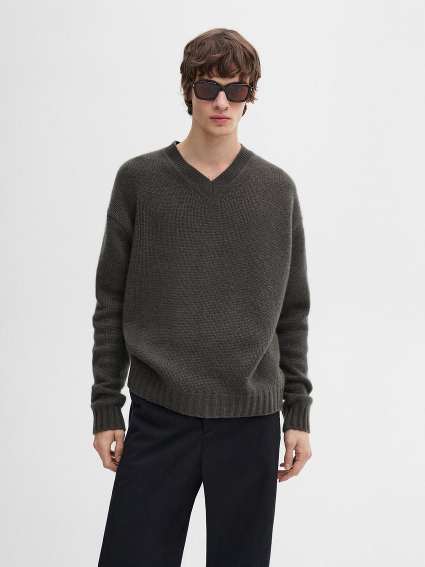 Massimo Dutti Cashmere V-neck Knit Men Sweater Dark Grey | US-ME8096237