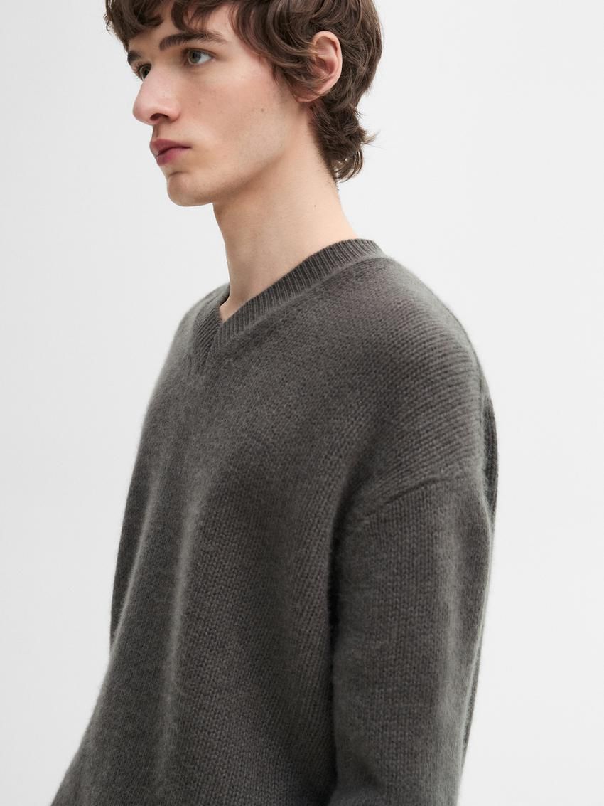 Massimo Dutti Cashmere V-neck Knit Men Sweater Dark Grey | US-ME8096237