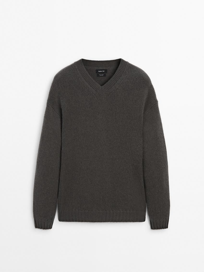 Massimo Dutti Cashmere V-neck Knit Men Sweater Dark Grey | US-ME8096237
