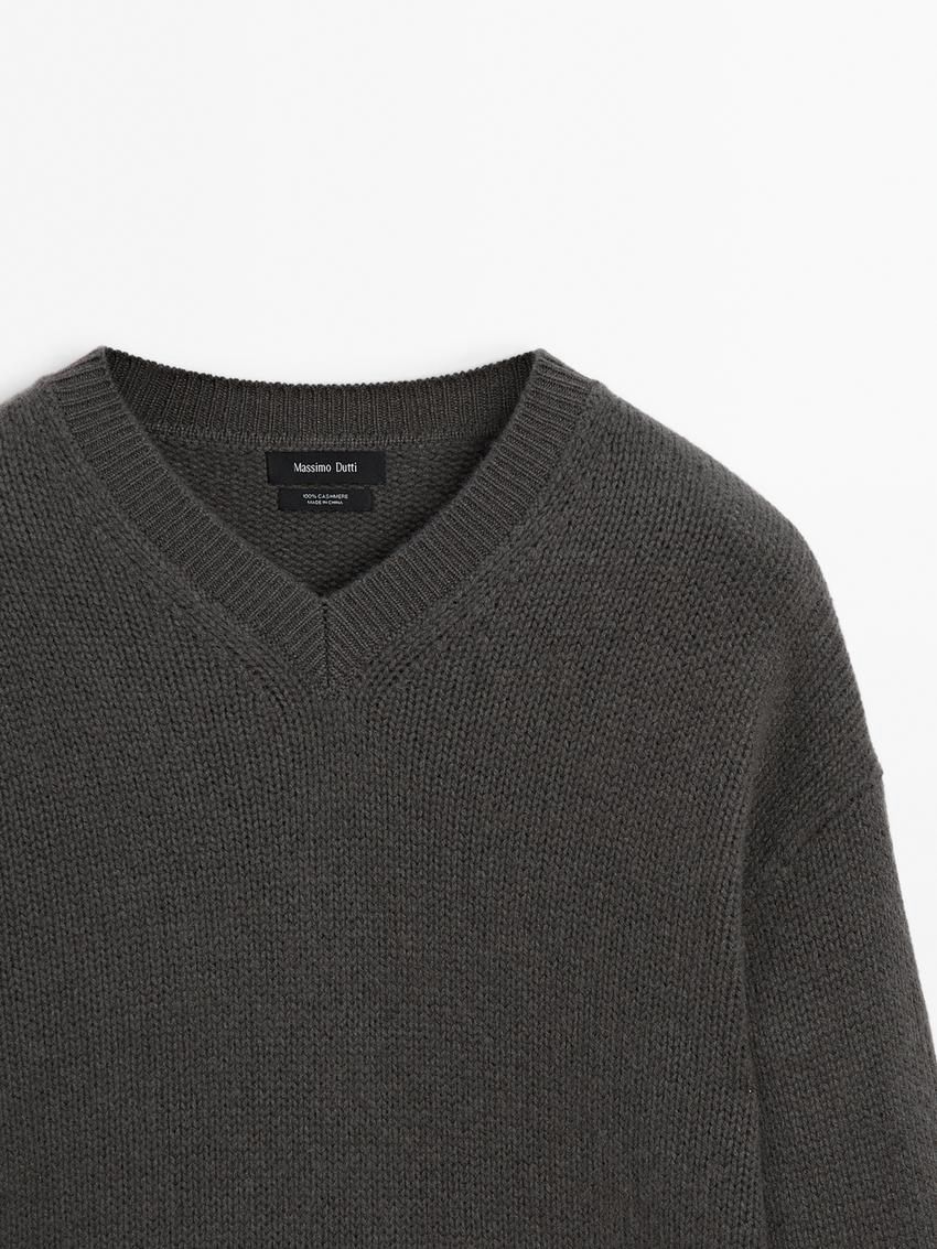 Massimo Dutti Cashmere V-neck Knit Men Sweater Dark Grey | US-ME8096237