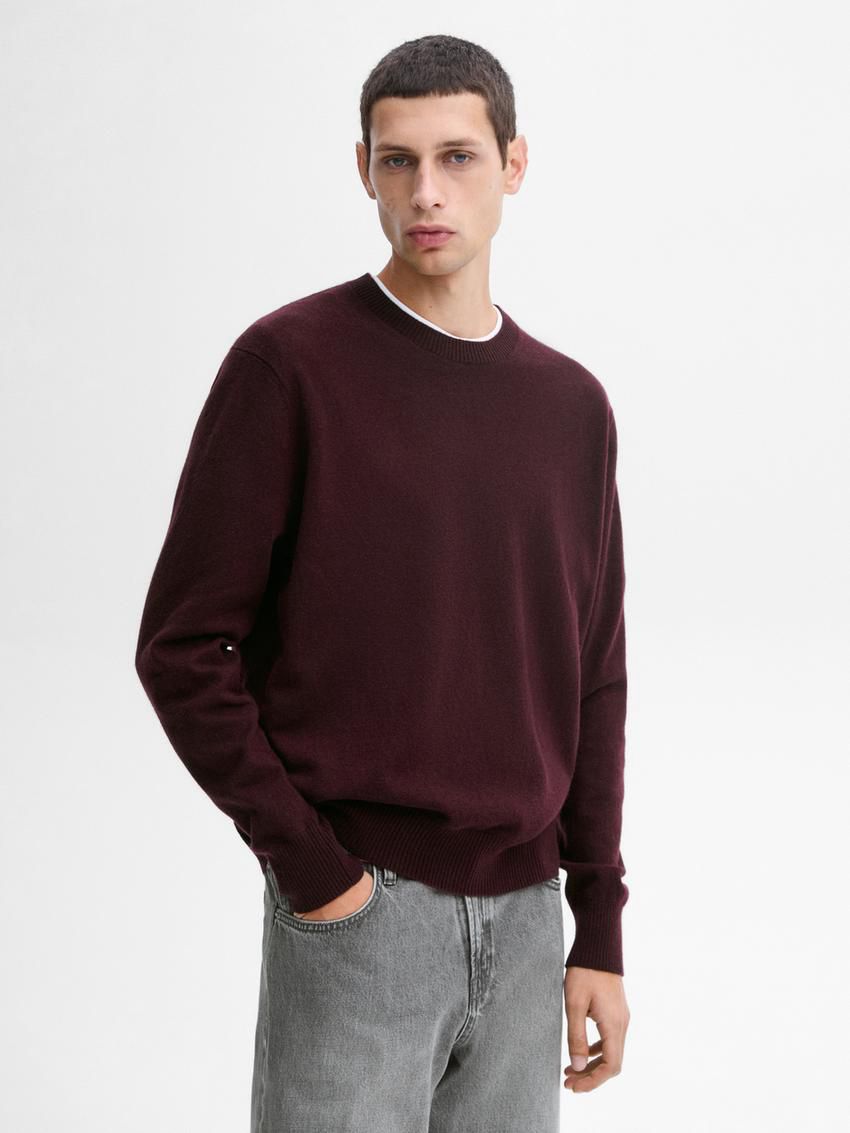 Massimo Dutti Cashmere Wool Round Neck Men Sweater Burgundy | US-IH7142068