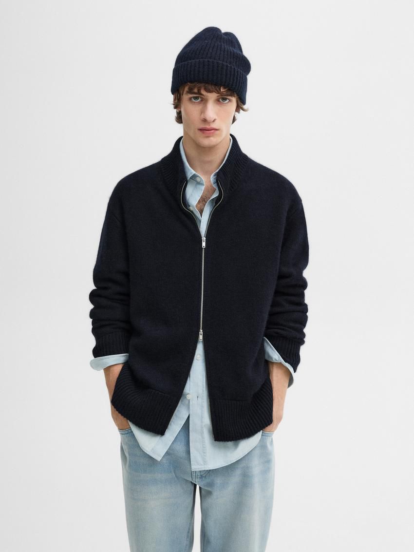 Massimo Dutti Cashmere Zip Bomber Men Cardigan Navy | US-JK6301782