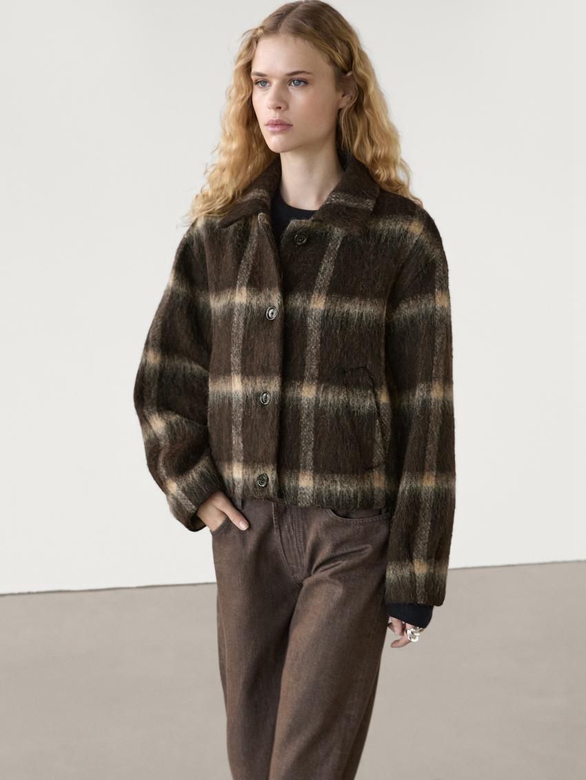 Massimo Dutti Check With Fabric Detail Women Jacket Dark Brown | US-BL9846015