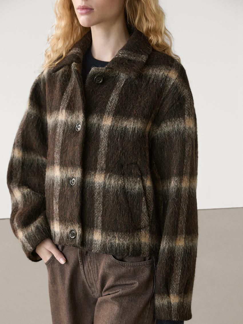 Massimo Dutti Check With Fabric Detail Women Jacket Dark Brown | US-BL9846015