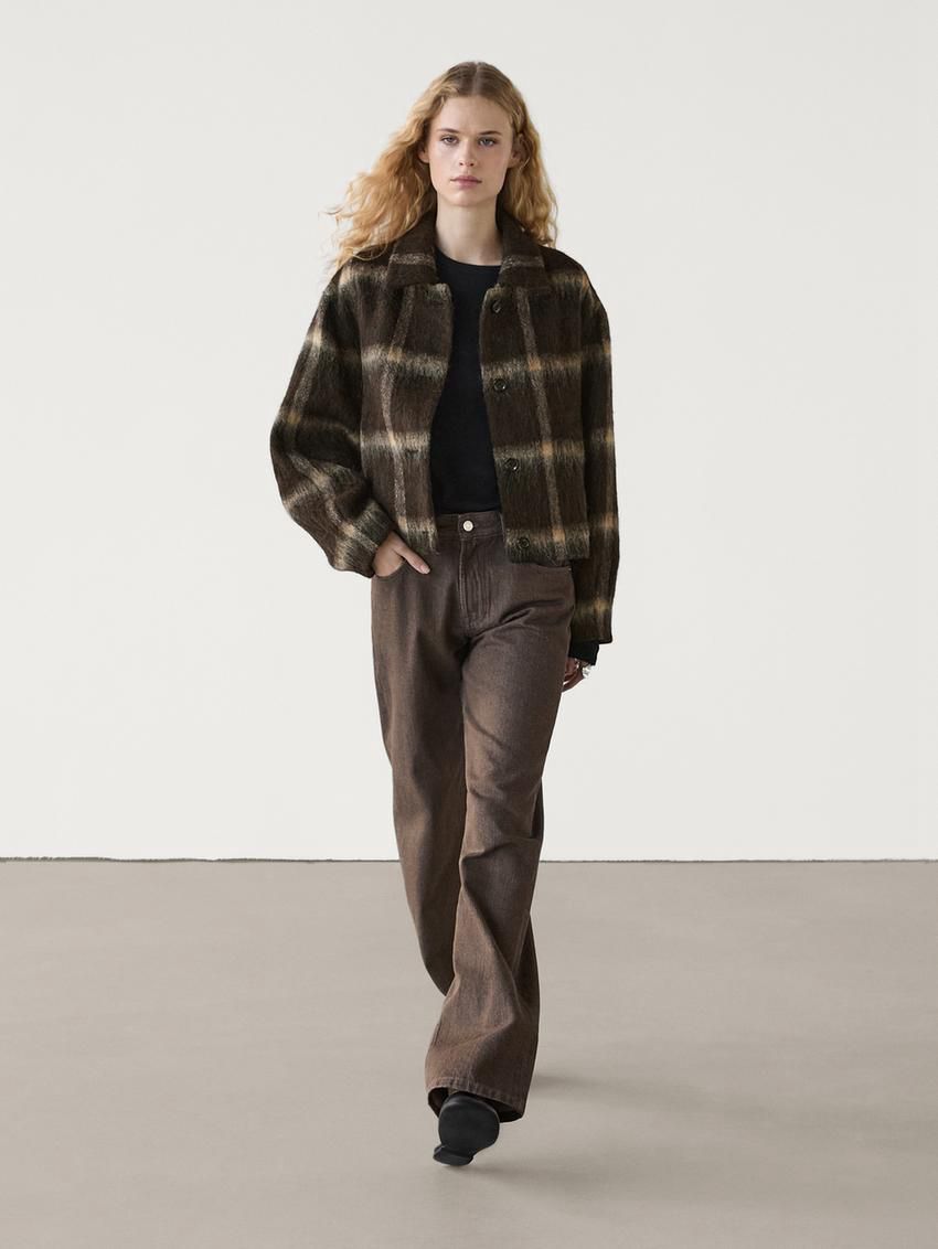Massimo Dutti Check With Fabric Detail Women Jacket Dark Brown | US-BL9846015