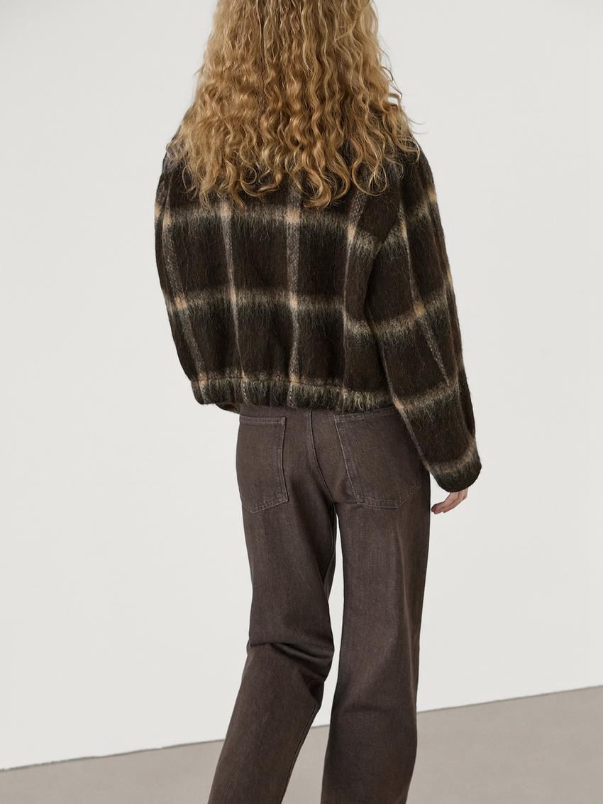 Massimo Dutti Check With Fabric Detail Women Jacket Dark Brown | US-BL9846015