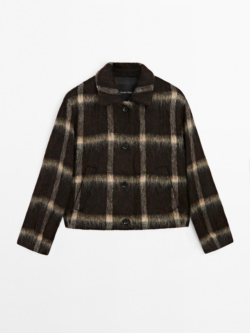 Massimo Dutti Check With Fabric Detail Women Jacket Dark Brown | US-BL9846015