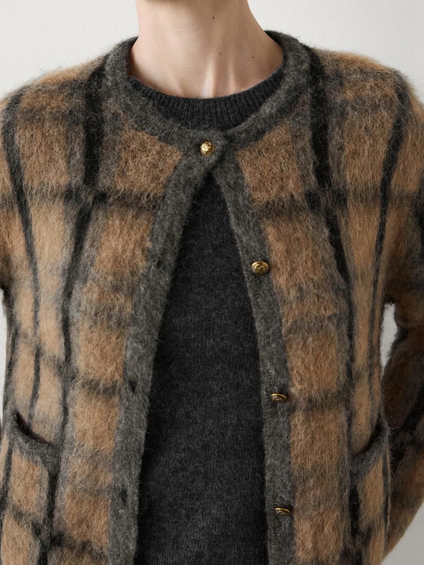 Massimo Dutti Check Wool And Alpaca Blend Women Cardigan Camel | US-BA4128576