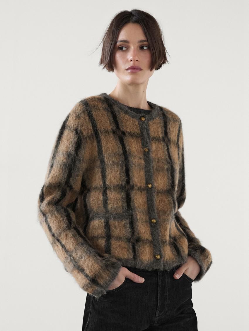 Massimo Dutti Check Wool And Alpaca Blend Women Cardigan Camel | US-BA4128576