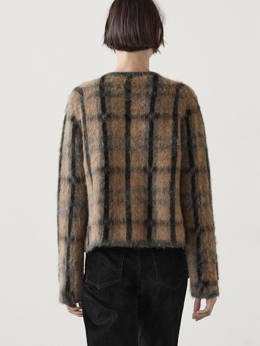 Massimo Dutti Check Wool And Alpaca Blend Women Cardigan Camel | US-BA4128576