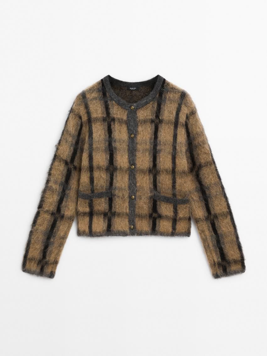Massimo Dutti Check Wool And Alpaca Blend Women Cardigan Camel | US-BA4128576