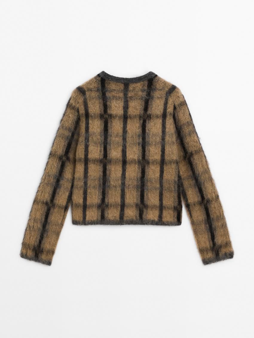 Massimo Dutti Check Wool And Alpaca Blend Women Cardigan Camel | US-BA4128576