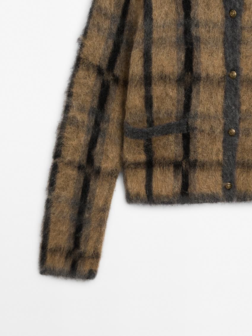 Massimo Dutti Check Wool And Alpaca Blend Women Cardigan Camel | US-BA4128576