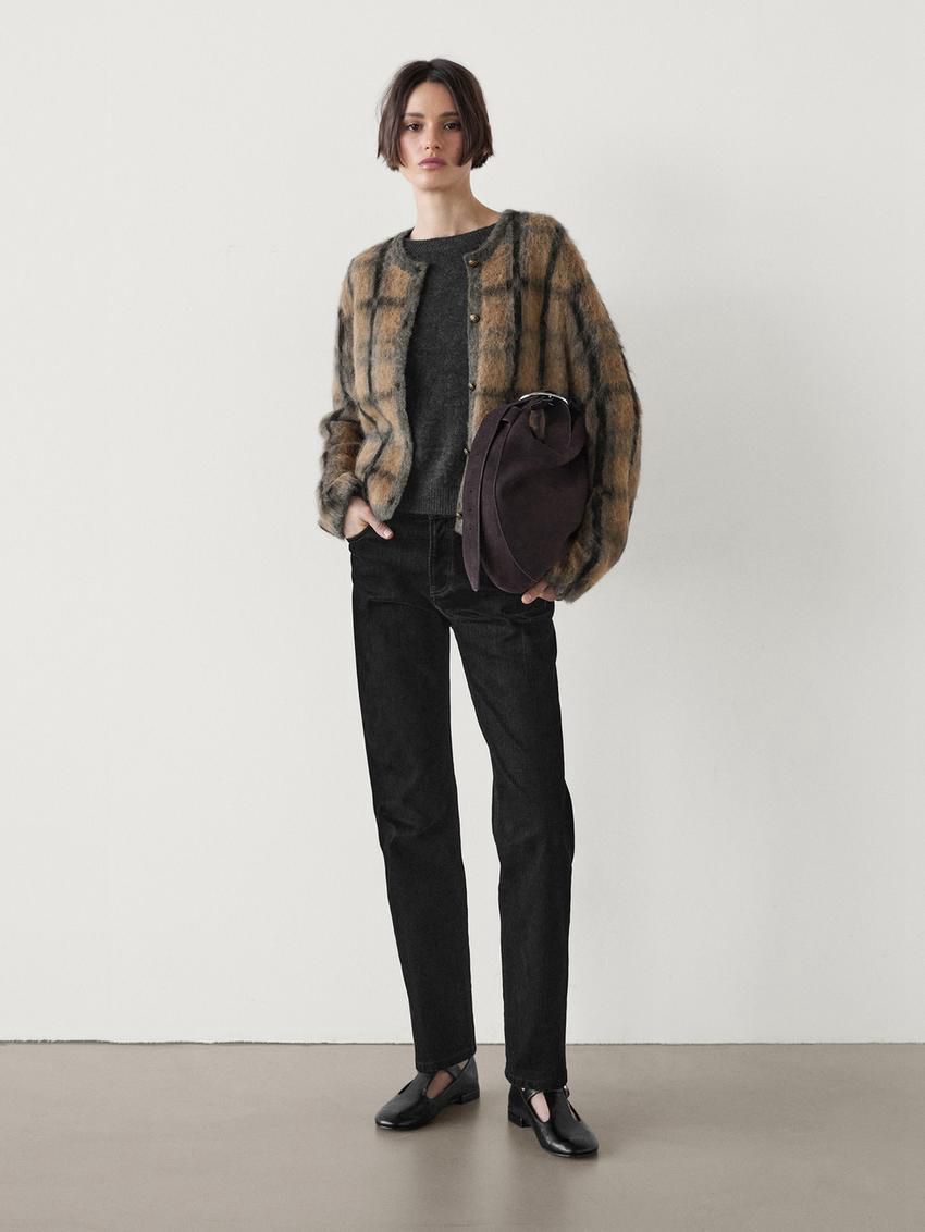 Massimo Dutti Check Wool And Alpaca Blend Women Cardigan Camel | US-BA4128576