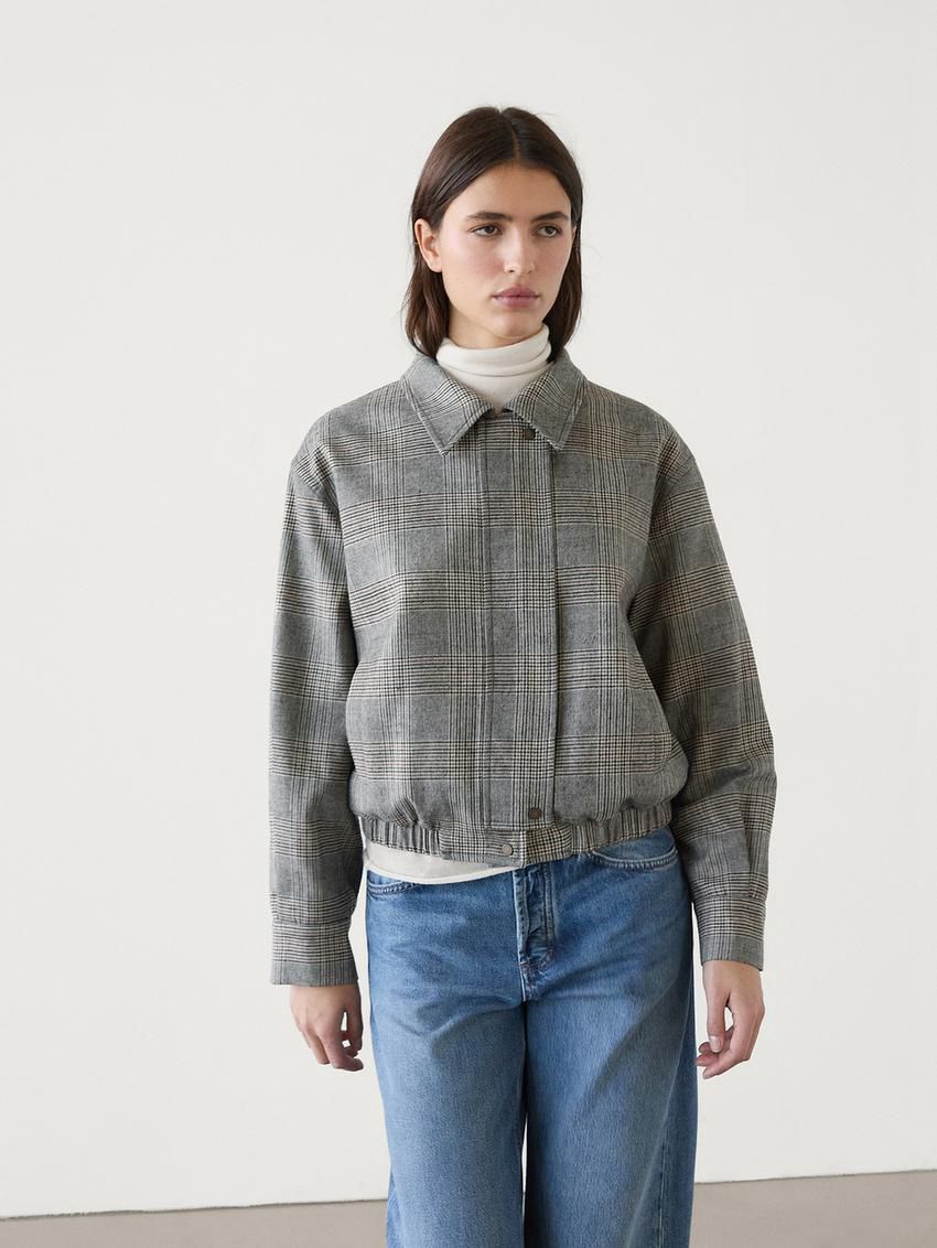 Massimo Dutti Checked Women Bomber Jacket Grey | US-YA5496132