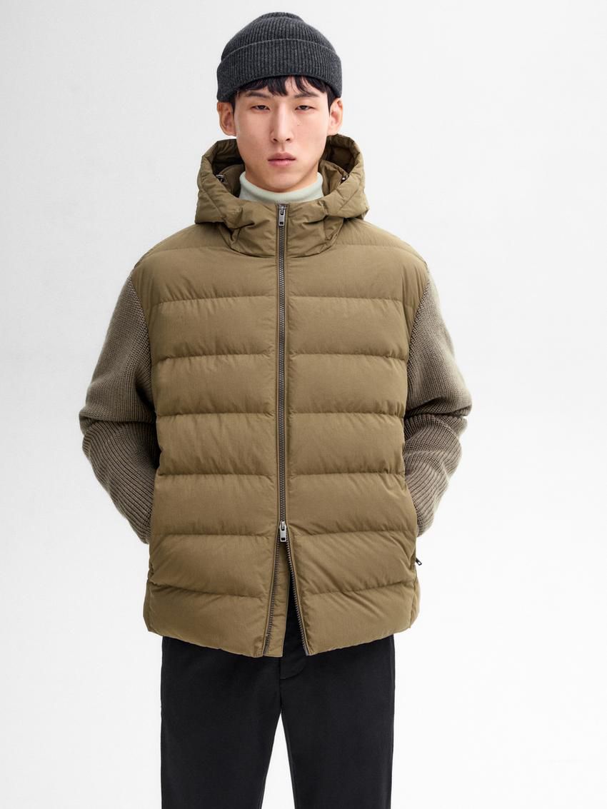 Massimo Dutti Contrast Knit Detail Men Puffer Jacket Brown | US-VR7091326