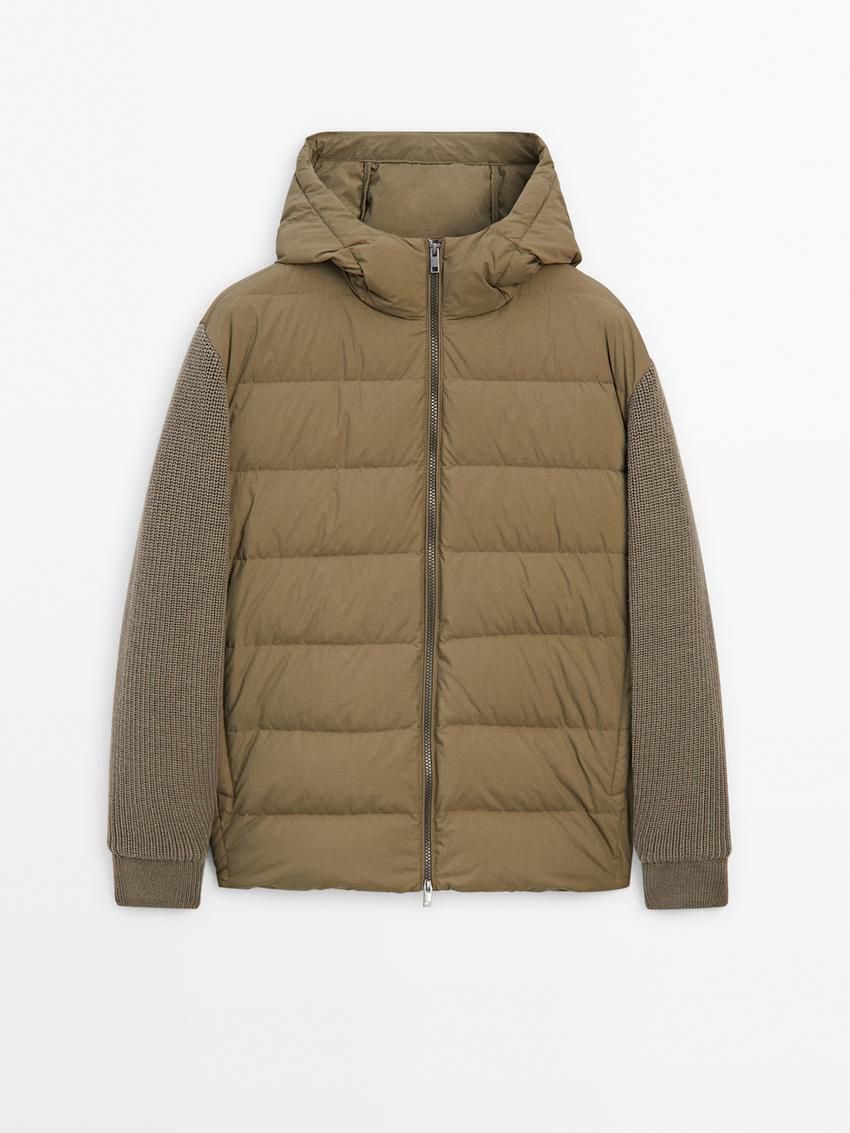 Massimo Dutti Contrast Knit Detail Men Puffer Jacket Brown | US-VR7091326