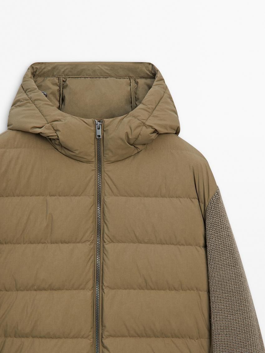Massimo Dutti Contrast Knit Detail Men Puffer Jacket Brown | US-VR7091326