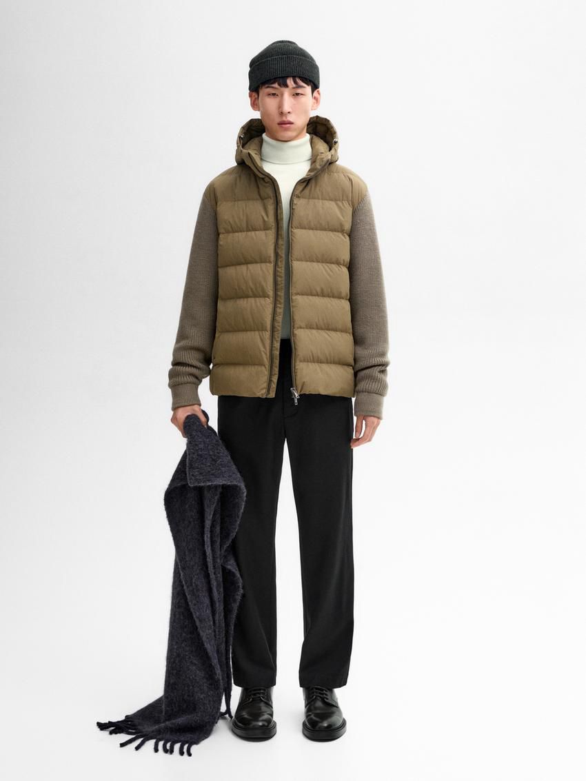 Massimo Dutti Contrast Knit Detail Men Puffer Jacket Brown | US-VR7091326