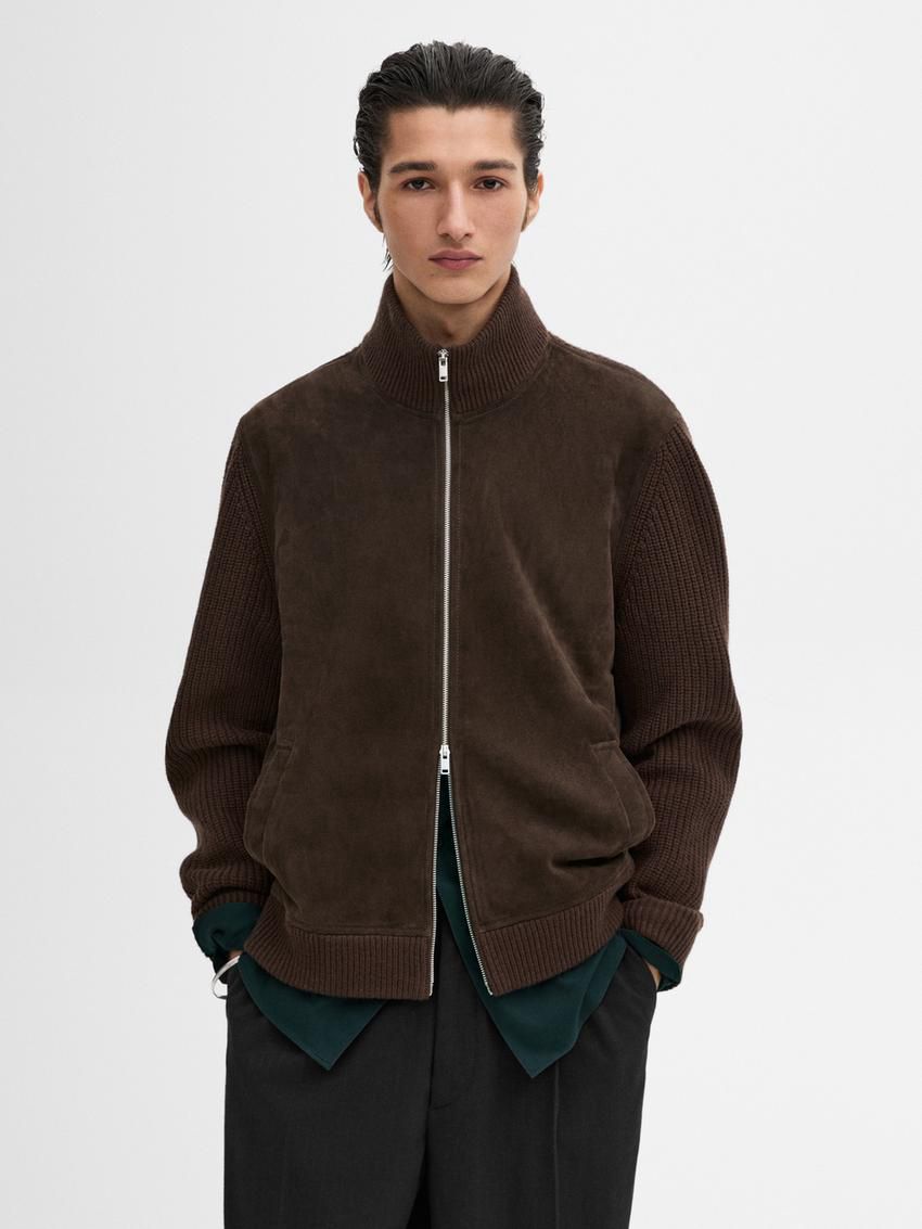 Massimo Dutti Contrast Knit Suede Leather Men Jacket Dark Brown | US-TV2463017