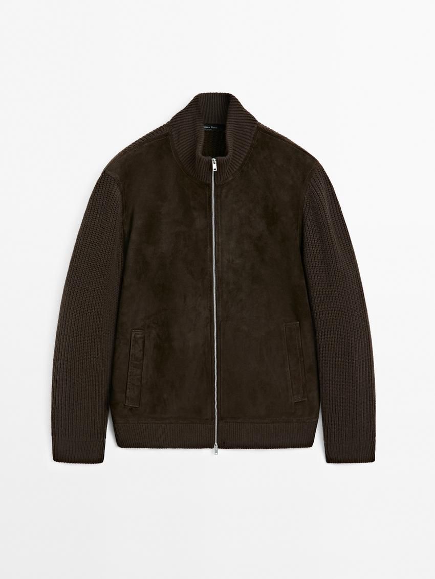 Massimo Dutti Contrast Knit Suede Leather Men Jacket Dark Brown | US-TV2463017