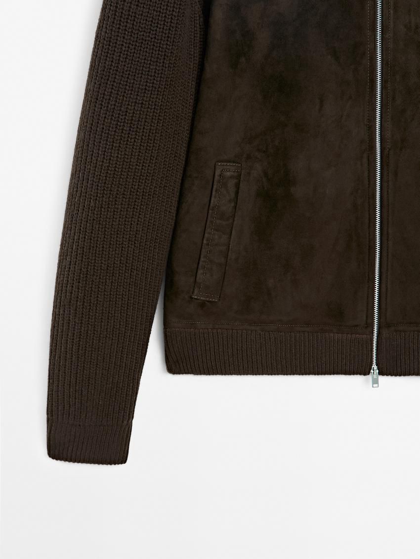 Massimo Dutti Contrast Knit Suede Leather Men Jacket Dark Brown | US-TV2463017