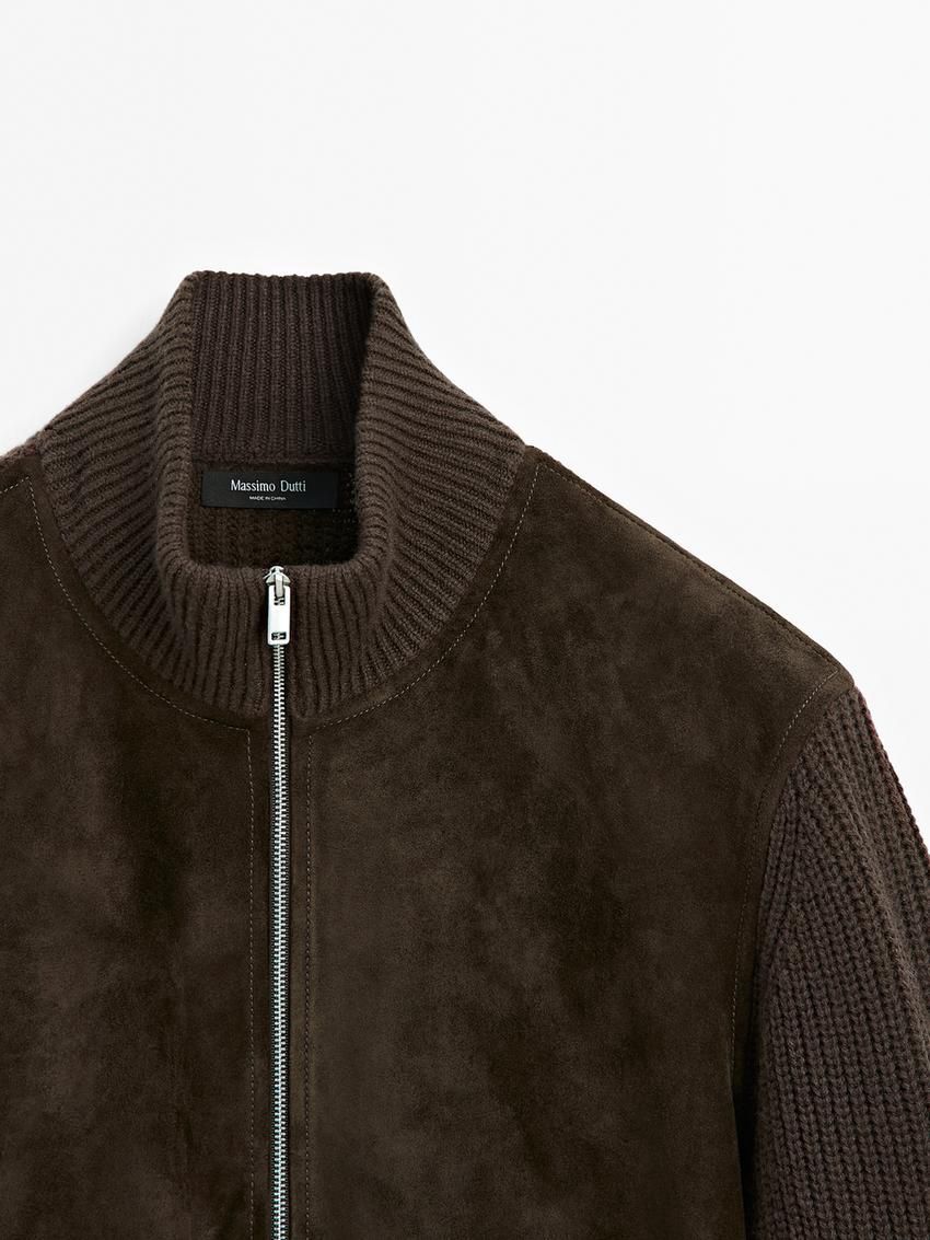 Massimo Dutti Contrast Knit Suede Leather Men Jacket Dark Brown | US-TV2463017