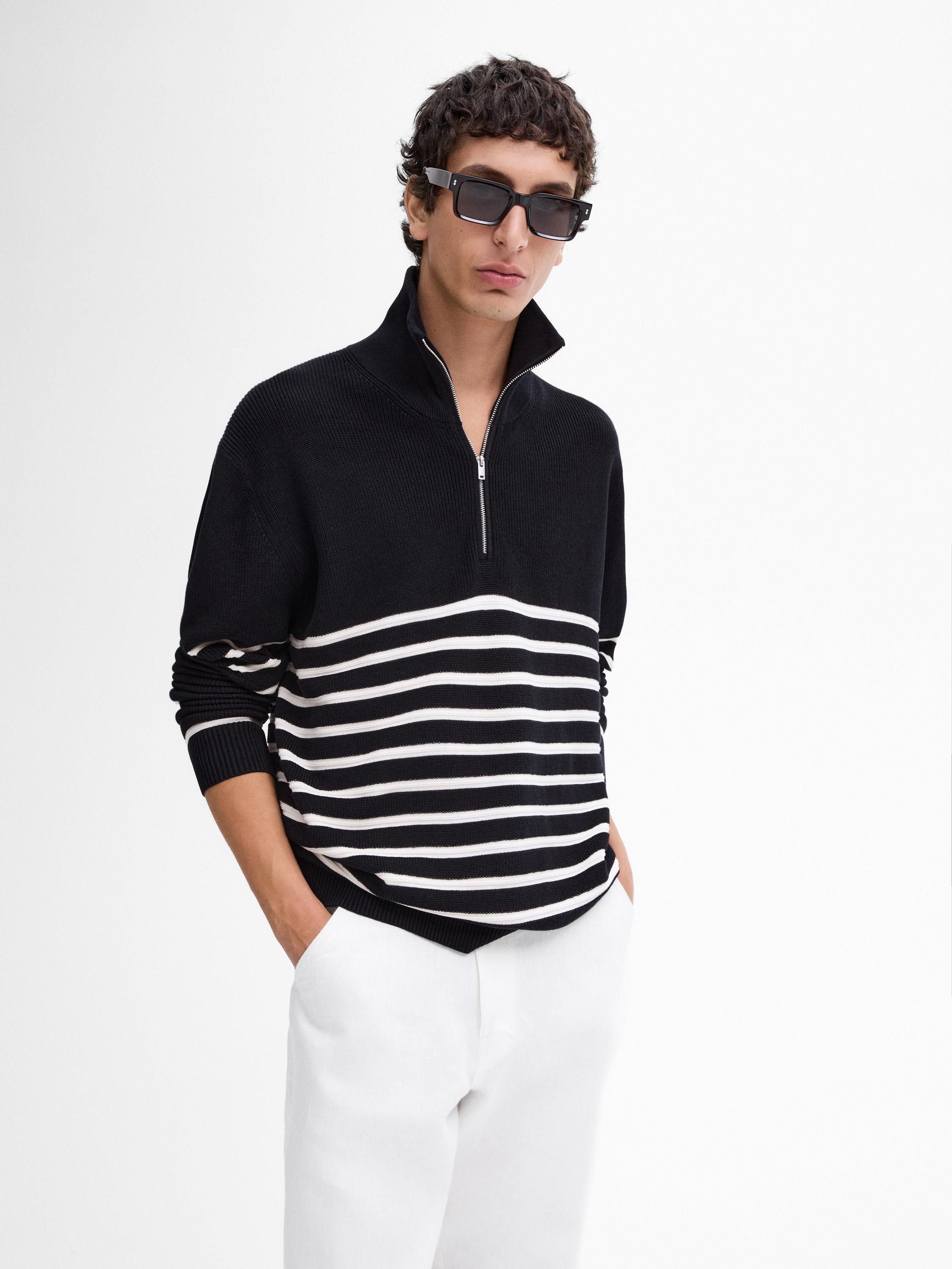 Massimo Dutti Contrast Knit With Mock Neck Men Sweater Navy / White | US-CF0142756