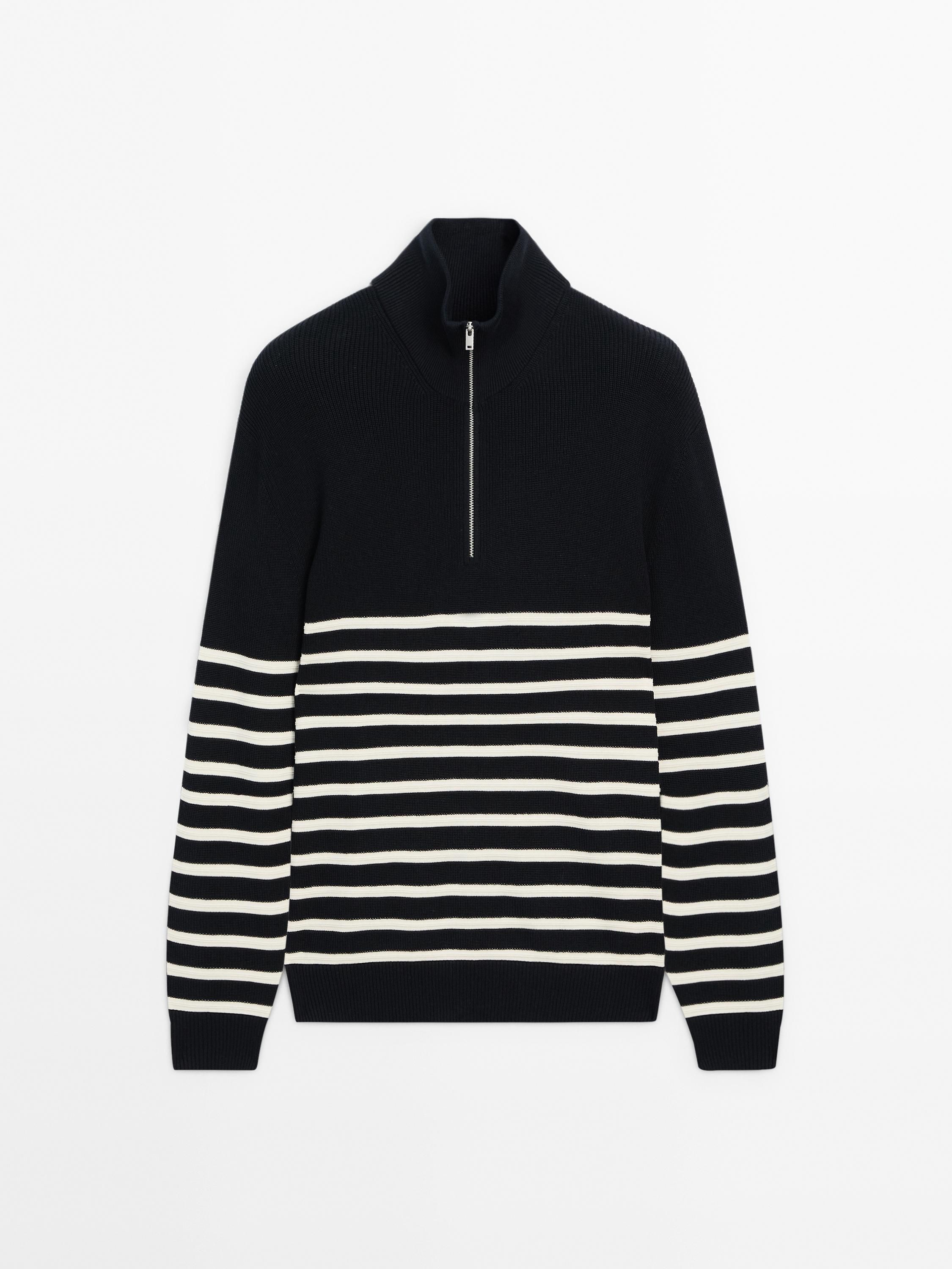 Massimo Dutti Contrast Knit With Mock Neck Men Sweater Navy / White | US-CF0142756