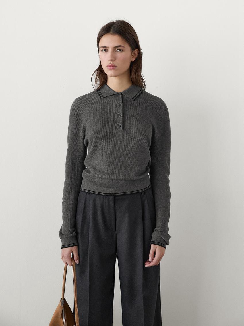 Massimo Dutti Contrast Knit With Polo Collar Women Sweater Grey | US-PV9473052