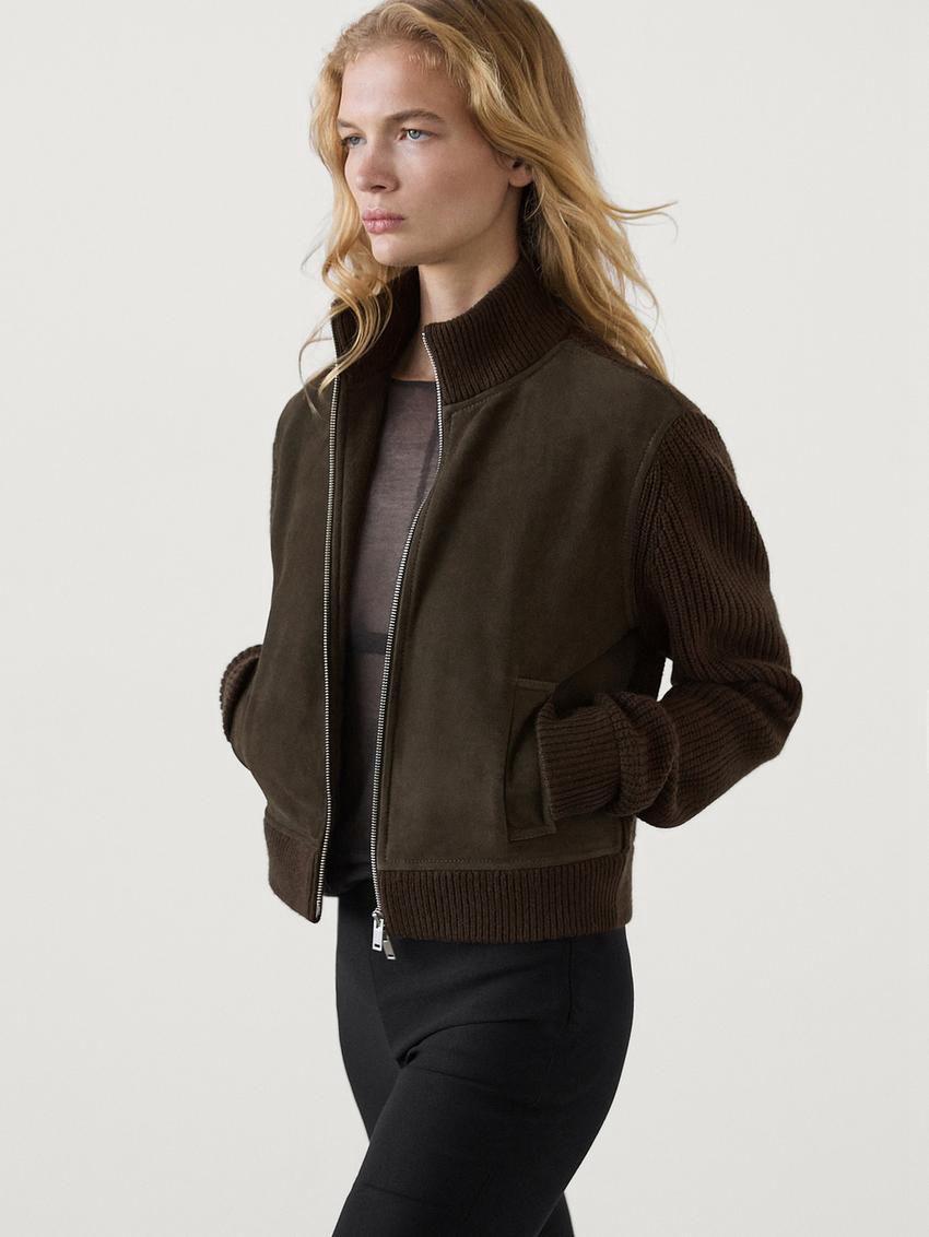Massimo Dutti Contrast Leather Wool Blend Women Jacket Dark Brown | US-QA0961758