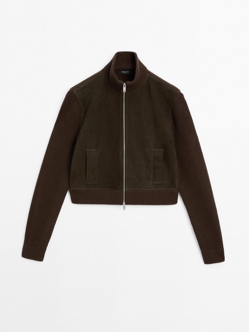 Massimo Dutti Contrast Leather Wool Blend Women Jacket Dark Brown | US-QA0961758