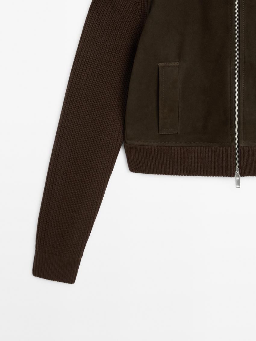 Massimo Dutti Contrast Leather Wool Blend Women Jacket Dark Brown | US-QA0961758